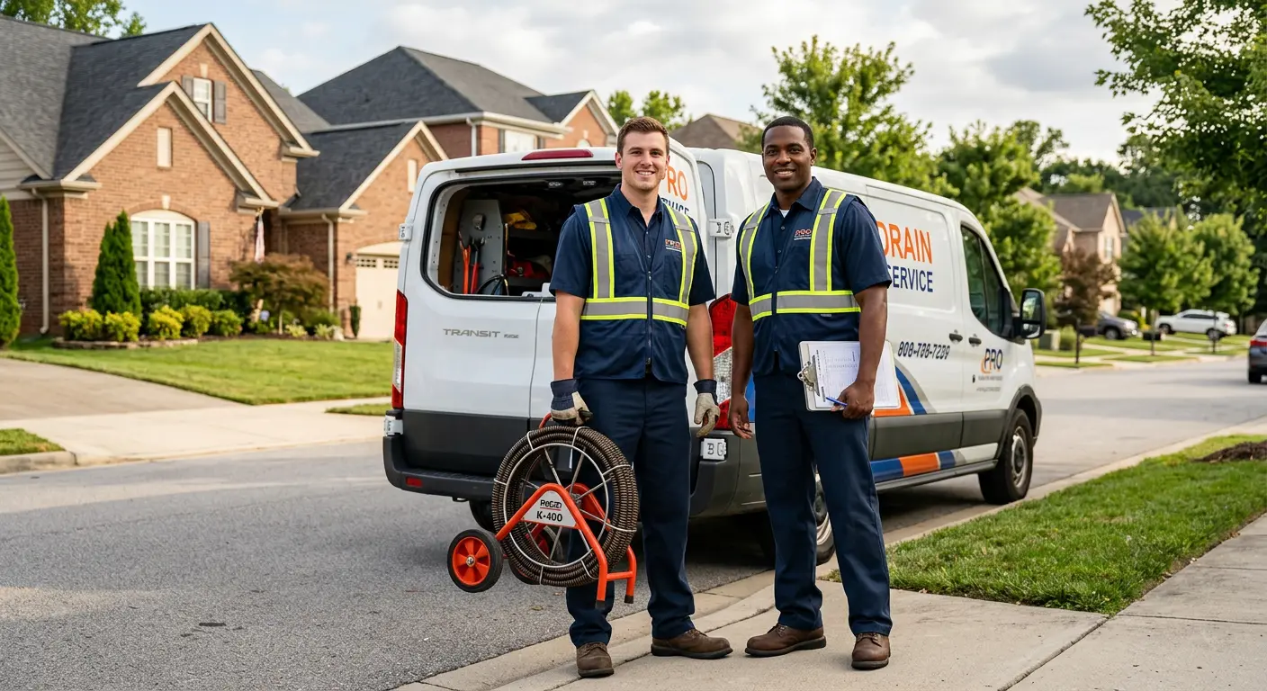 Sewer and drain service team with equipment ready for work in Louisburg
