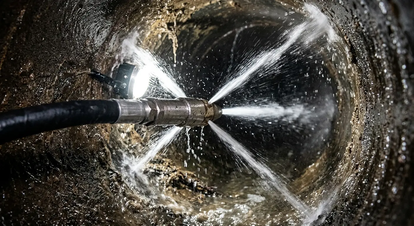 High-pressure hydro jetting nozzle cleaning sewer pipe for Trenchless Sewer Repair in Louisburg