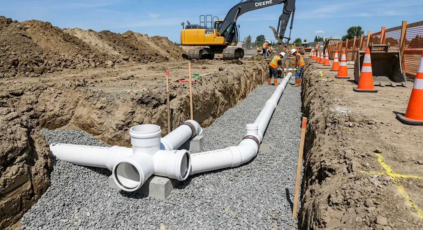 New PVC sewer pipe installation in open trench for Commercial Drain Cleaning in Louisburg