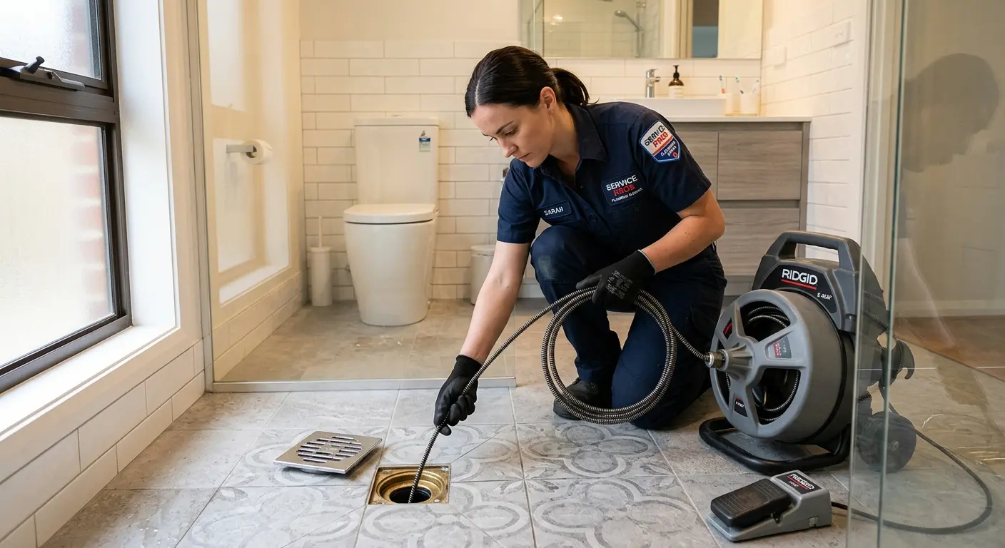 Technician clearing a bathroom floor drain for Sewer Line Replacement in Louisburg